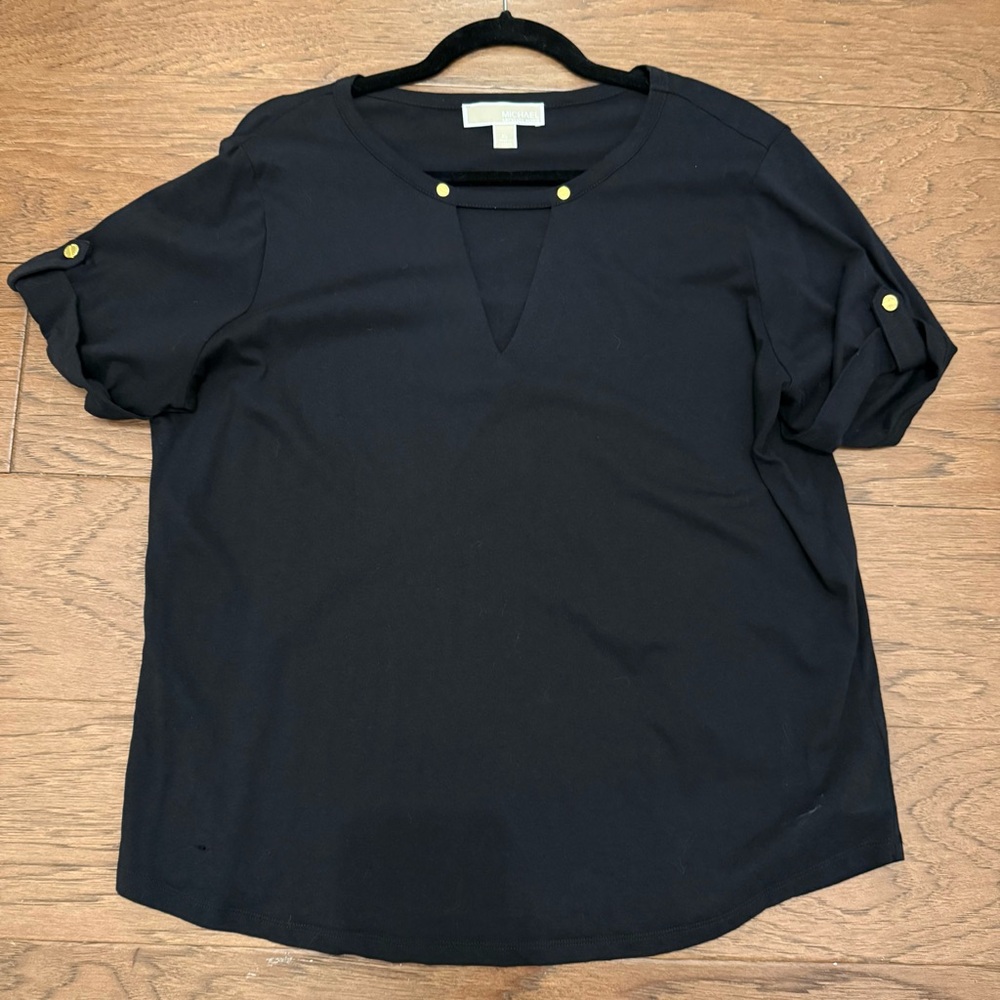 Michael Kors Black Short Sleeve Top with Gold Buttons